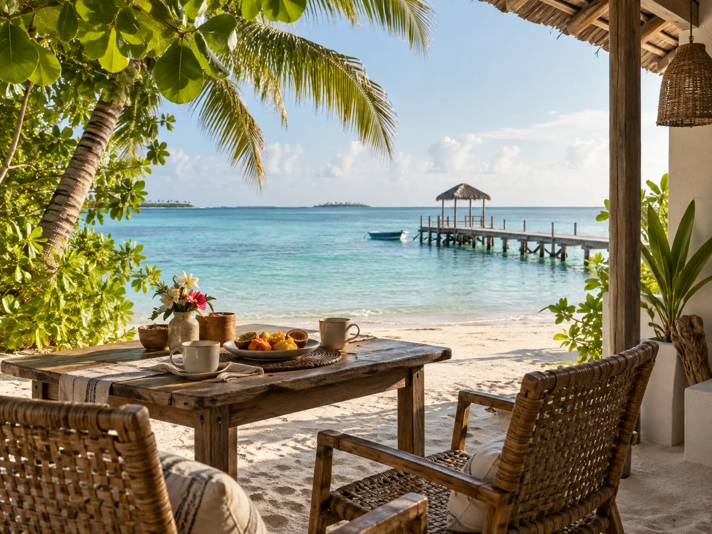 A shaded guesthouse veranda overlooking a Maldivian lagoon and jetty