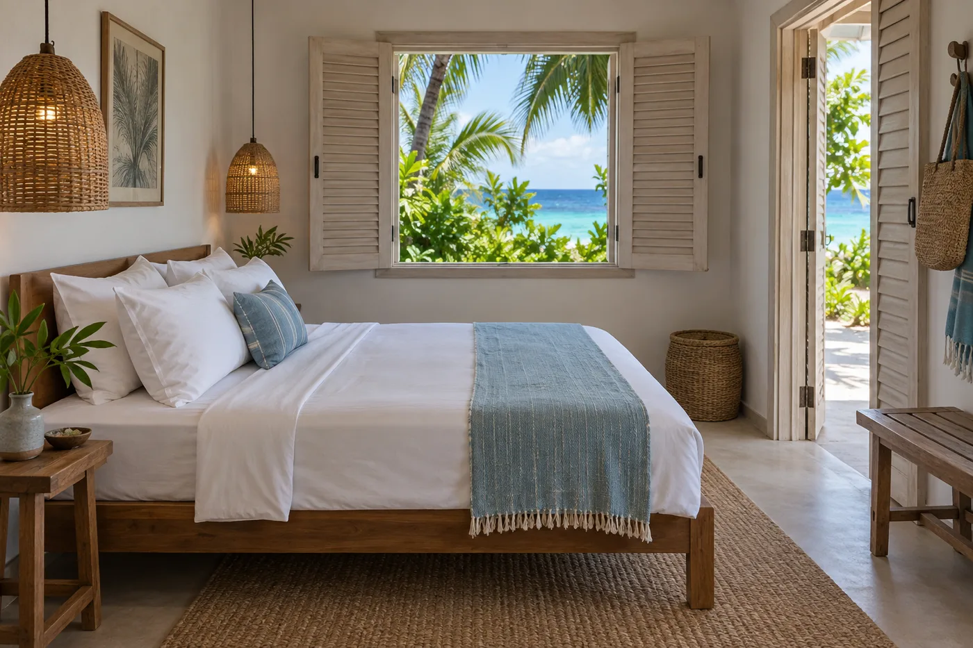 A bright guesthouse bedroom with timber furniture and open shutters