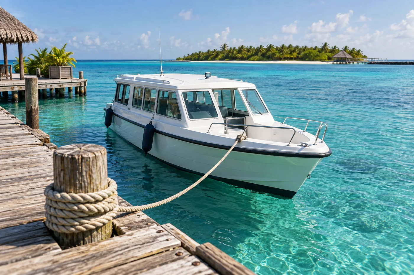 A passenger speedboat moored alongside a wooden island jetty